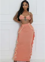 Sexy Suspender Elastic Ruffle Long Skirt Two Piece Set