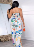 High Waist Wide Leg Adjustable Shoulder Strap Printed Two Piece Suit