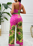 Rose Red Summer Printed Suspender Sexy Jumpsuit