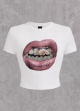 White Round Neck Printed Navel-Baring Short-Sleeved T-Shirt