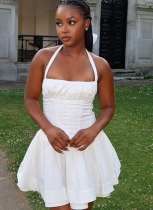 White Sexy Halterneck Sleeveless Backless Pleated Temperament Dress