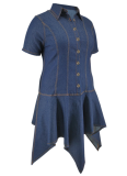 Blue Denim Lapel Short Sleeve Button Dress