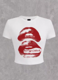 White Round Neck Printed Navel-Baring Short-Sleeved T-Shirt