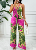 Rose Red Summer Printed Suspender Sexy Jumpsuit