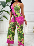 Rose Red Summer Printed Suspender Sexy Jumpsuit