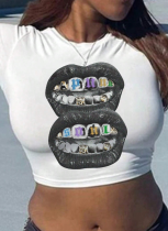 White Round Neck Printed Navel-Baring Short-Sleeved T-Shirt