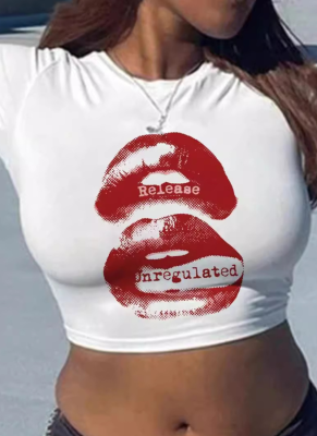 White Round Neck Printed Navel-Baring Short-Sleeved T-Shirt