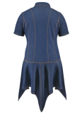 Blue Denim Lapel Short Sleeve Button Dress