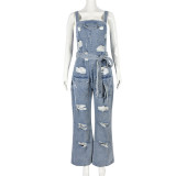 Sexy Elasticated Chest-wrapped Ripped Tassel Washed Denim Jumpsuit