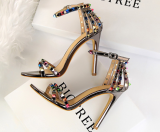 Stylish Stiletto Open Toe One-piece Sandals With Colorful Rivets