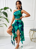 Green Summer Printed Off-Shoulder Sleeveless Top Irregular Skirt Two-Piece Set