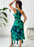 Green Summer Printed Off-Shoulder Sleeveless Top Irregular Skirt Two-Piece Set