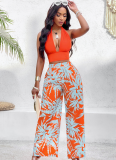 Orange Printed Plant Print Suspender V-Neck Fashion Two-Piece Suit