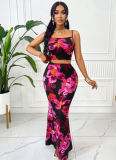 Purple Fashion Printed Suspender Sexy Long Skirt Two-Piece Set