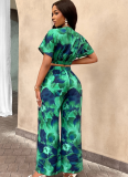 Sexy V-Neck Printed Wide-Leg Pants Two-Piece Set