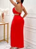 Red Sexy Halter Neck Backless Long Skirt Two Piece Set