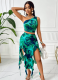 Green Summer Printed Off-Shoulder Sleeveless Top Irregular Skirt Two-Piece Set