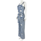Sexy Elasticated Chest-wrapped Ripped Tassel Washed Denim Jumpsuit