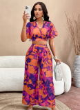 Sexy V-Neck Printed Wide-Leg Pants Two-Piece Set
