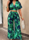 Sexy V-Neck Printed Wide-Leg Pants Two-Piece Set