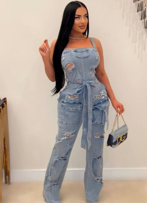 Sexy Elasticated Chest-wrapped Ripped Tassel Washed Denim Jumpsuit