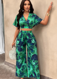 Sexy V-Neck Printed Wide-Leg Pants Two-Piece Set