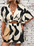 Summer Printed V-Neck Twist Knot Bell Sleeve Top and Shorts Two-Piece Set