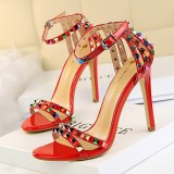 Stylish Stiletto Open Toe One-piece Sandals With Colorful Rivets