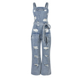 Sexy Elasticated Chest-wrapped Ripped Tassel Washed Denim Jumpsuit