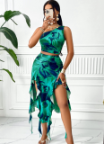 Green Summer Printed Off-Shoulder Sleeveless Top Irregular Skirt Two-Piece Set