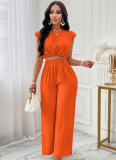 Solid Color Casual Sleeveless Top Wide Leg Pants Two Piece Set