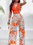 Orange Printed Plant Print Suspender V-Neck Fashion Two-Piece Suit