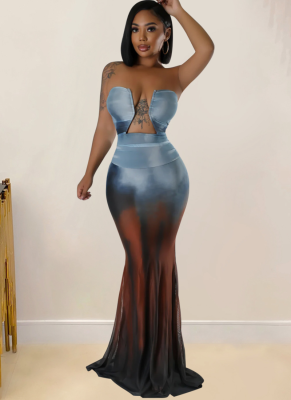 Fashion Gradient Print Sleeveless Sexy Long Dress