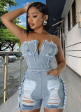 Sexy Hollow Hole Zipper Chest Wrapped Denim Jumpsuit