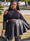 Black Sexy Solid Color PU Leather Large Size Women's Skirt