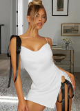 White Hollow Contrast Off-Shoulder Suspender Dress