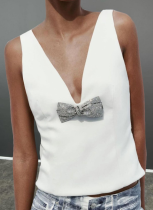 Hot Brick Bow Sexy Deep V-Neck Sleeveless Vest Top