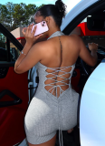 Grey Halterneck Backless Slim Fit Sexy Jumpsuit