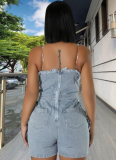 Sexy Hollow Hole Zipper Chest Wrapped Denim Jumpsuit