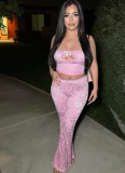 Mesh Lace Hollow Chest Wrap Top Flared Trousers Two-Piece Set