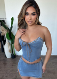 Fashion Denim Tube Top Skirt Sexy Two Piece Suit