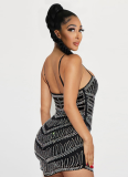 Sexy Slightly Transparent Mesh Perm Diamond Sling Hip Dress