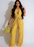 Solid Color Lapel Casual Linen Loose Jumpsuit