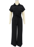 Solid Color Lapel Casual Linen Loose Jumpsuit