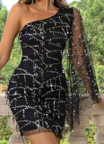 Tassel Sequins Temperament Sexy One Shoulder Long Sleeve Dress