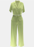 Solid Color Short-Sleeved Shirt Collar Top Casual Wide-Leg Pants Two-Piece Set