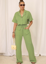 Solid Color Short-Sleeved Shirt Collar Top Casual Wide-Leg Pants Two-Piece Set