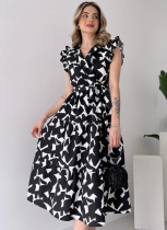 V-Neck Waist Tie Black And White Printed Dress