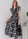 V-Neck Waist Tie Black And White Printed Dress