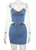 Fashion Denim Tube Top Skirt Sexy Two Piece Suit